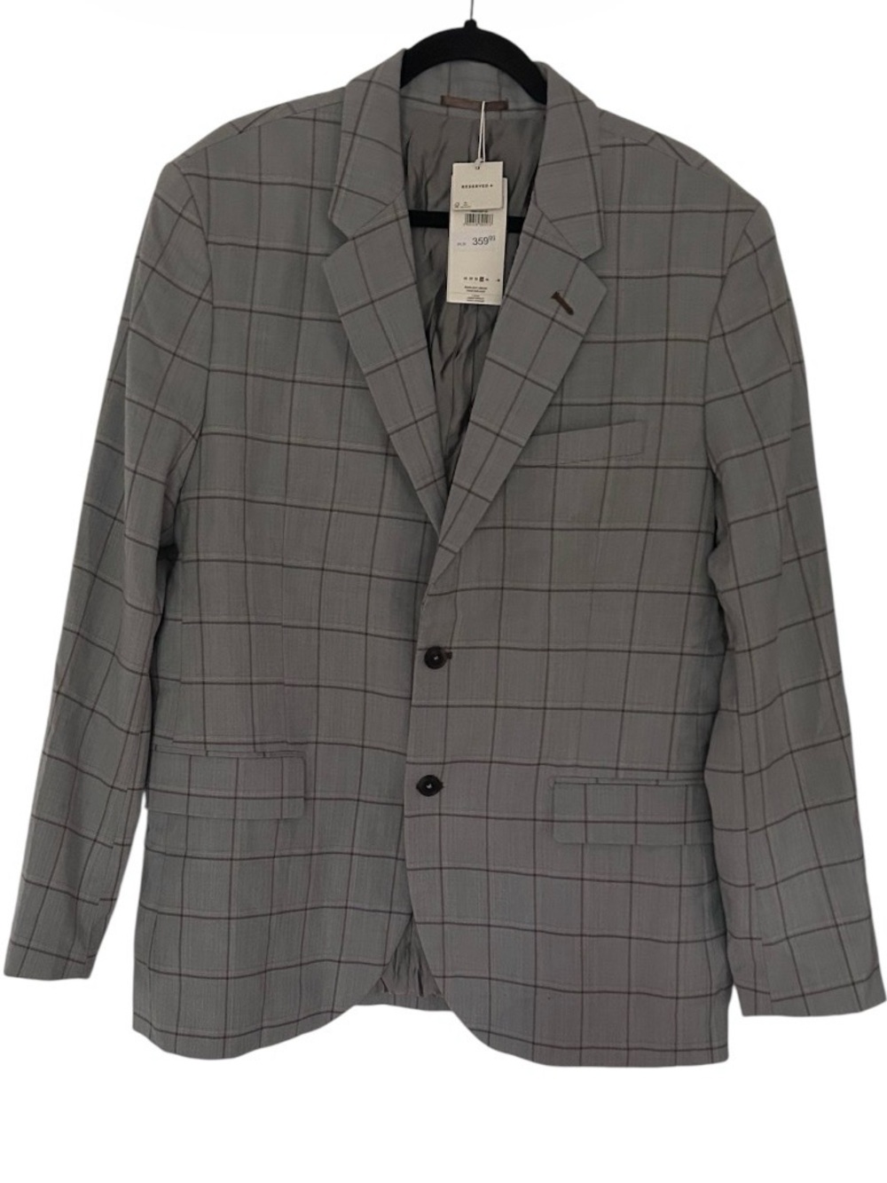 Reserved men's slim-fit tailored blazer size US 44 gray windowpane plaid NEW
